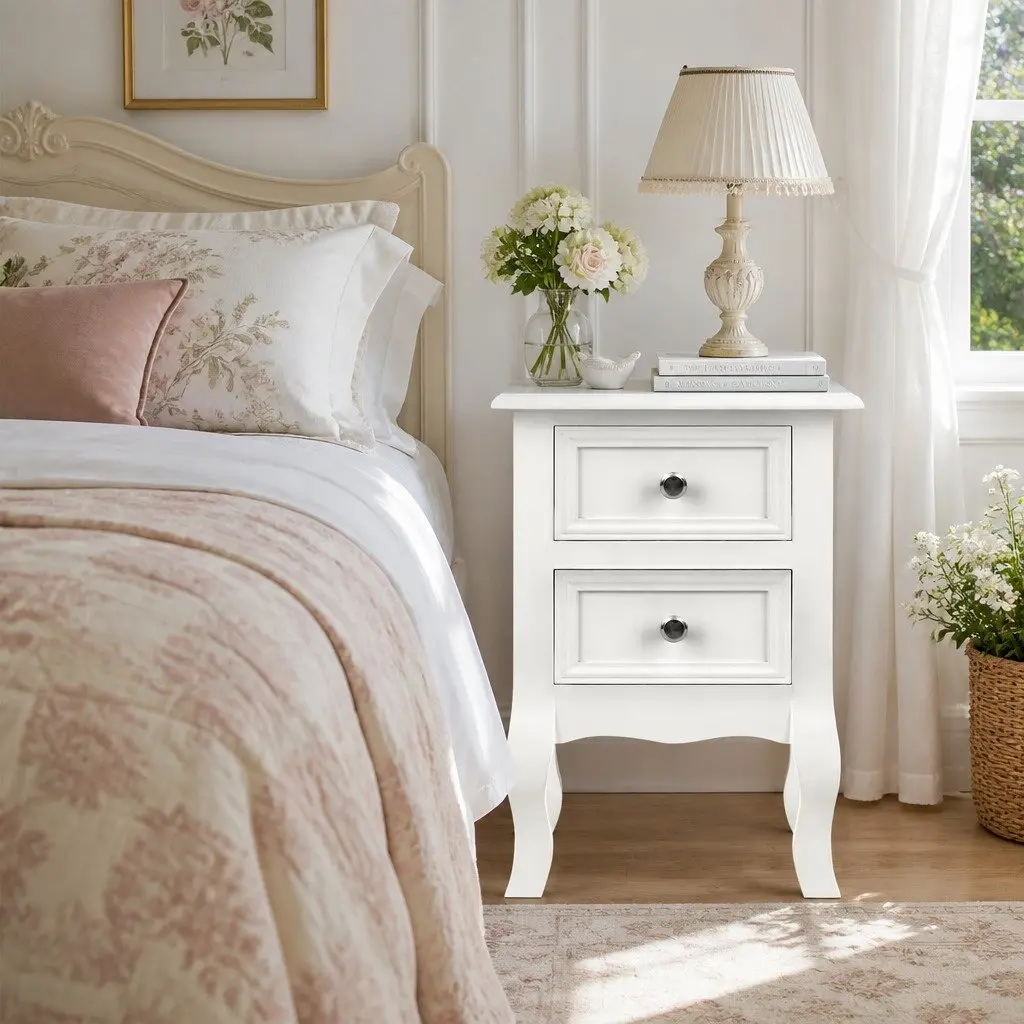 Bedside Table French Provincial White 2 Drawers Paulownia Wood MDF