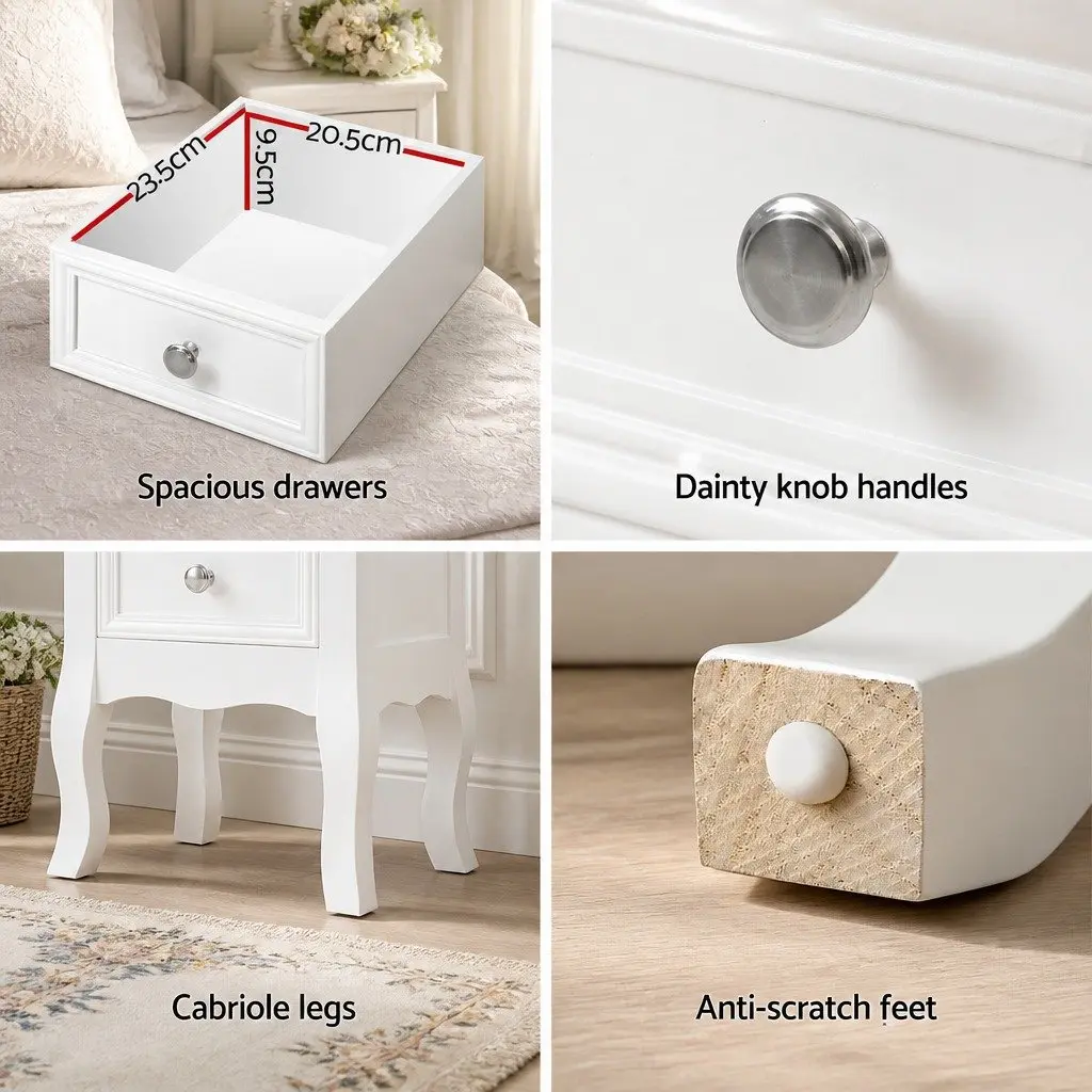 Bedside Table French Provincial White 2 Drawers Paulownia Wood MDF