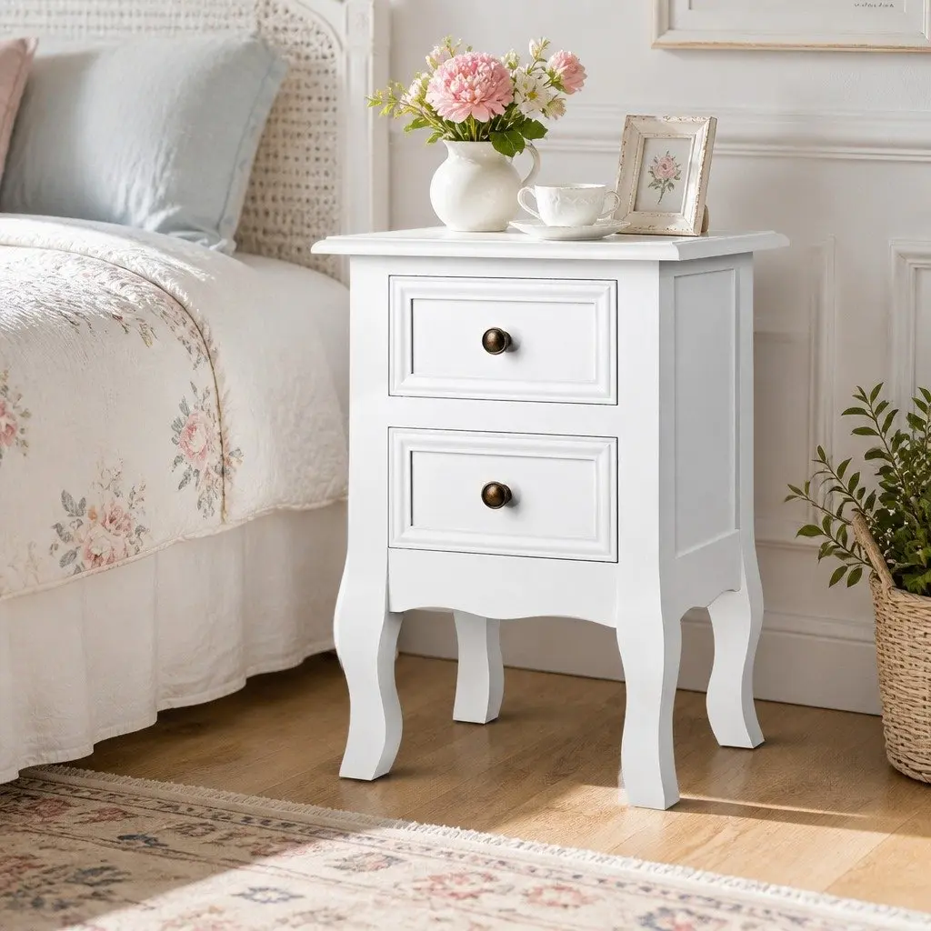 Bedside Table French Provincial White 2 Drawers Paulownia Wood MDF
