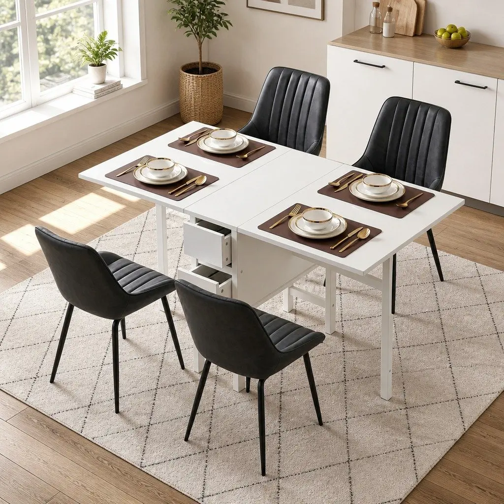 Dining Set Foldable Gateleg Table 5pcs Black White MDF PU Leather