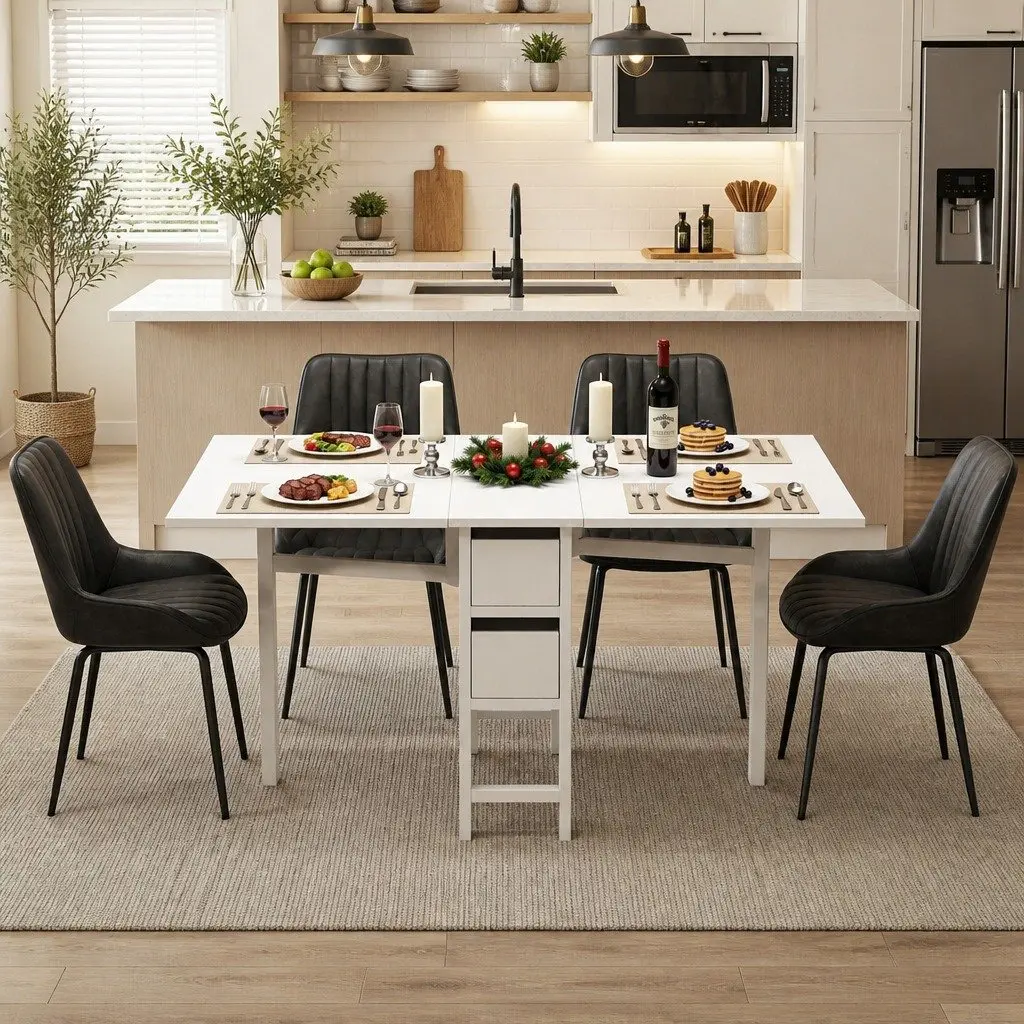 Dining Set Foldable Gateleg Table 5pcs Black White MDF PU Leather