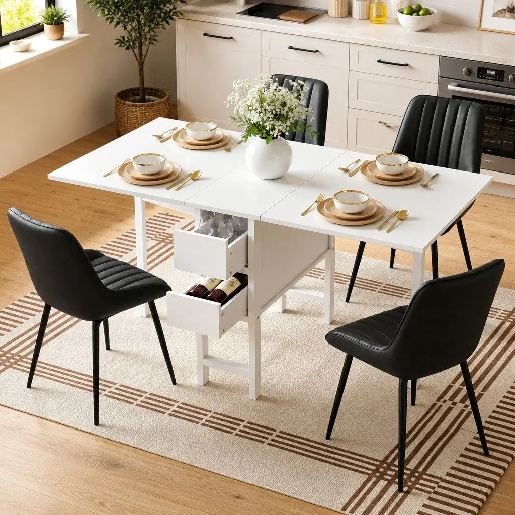 Dining Set Foldable Gateleg Table 5pcs Black White MDF PU Leather