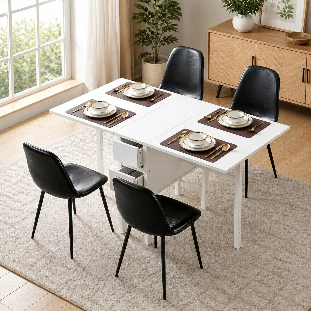 Dining Table and Chairs Set 5pcs Foldable Gateleg Design Black White Kitchen