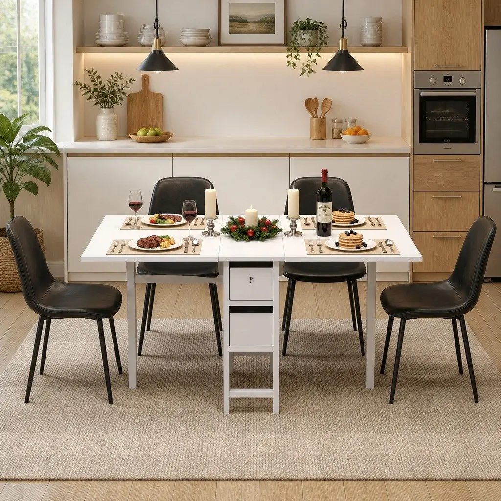 Dining Table and Chairs Set 5pcs Foldable Gateleg Design Black White Kitchen