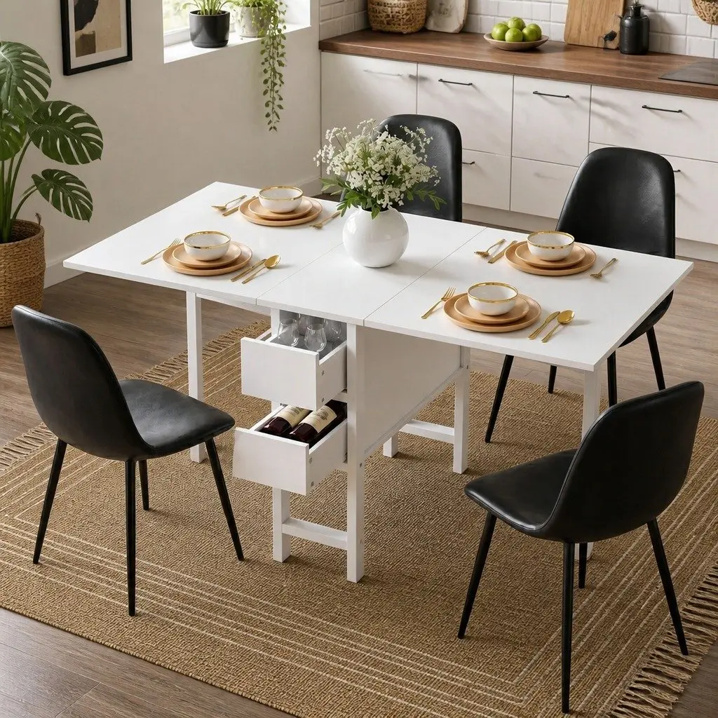 Dining Table and Chairs Set 5pcs Foldable Gateleg Design Black White Kitchen