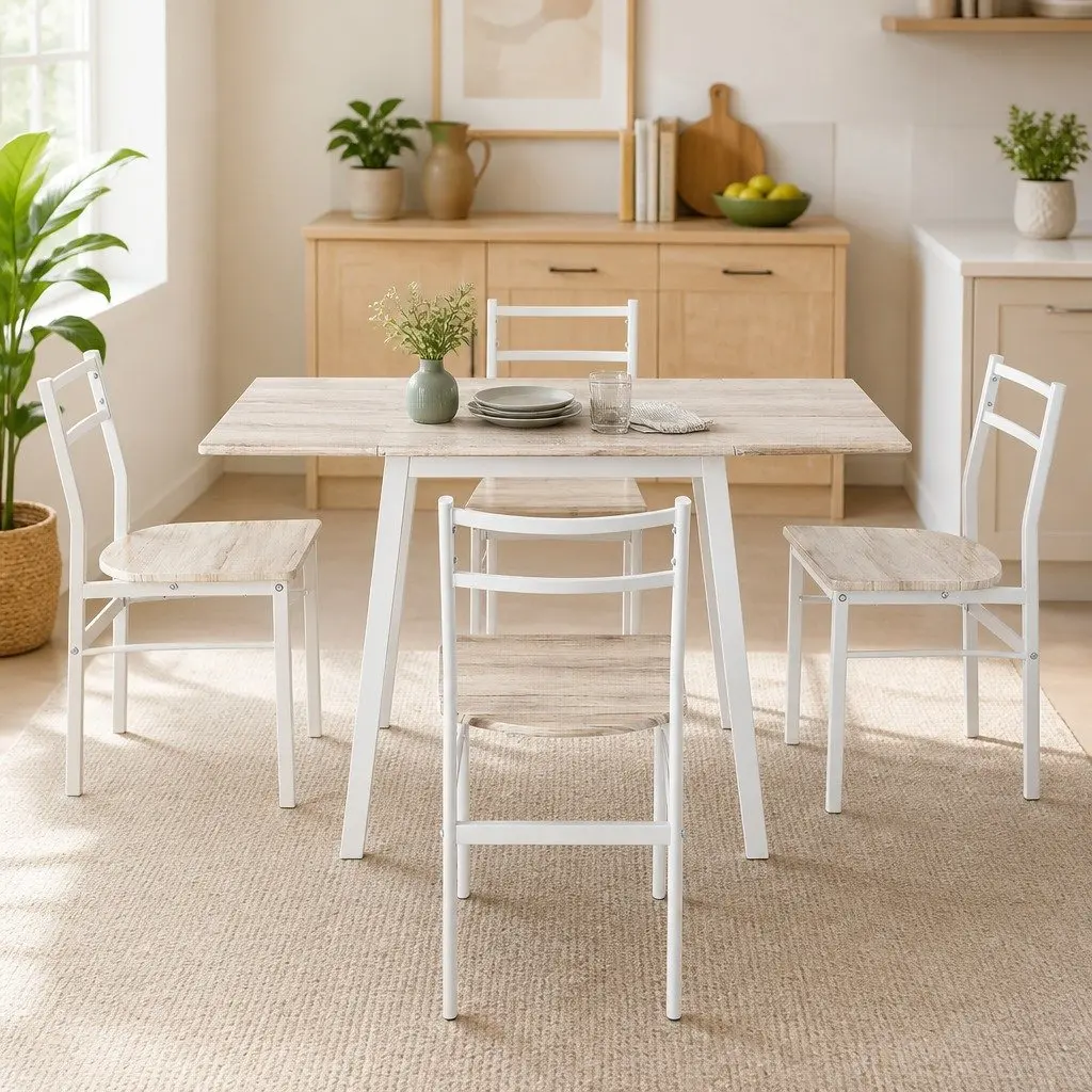 Dining Set Foldable Natural Wood-Look White Metal 5 Piece Compact Kitchen Furniture