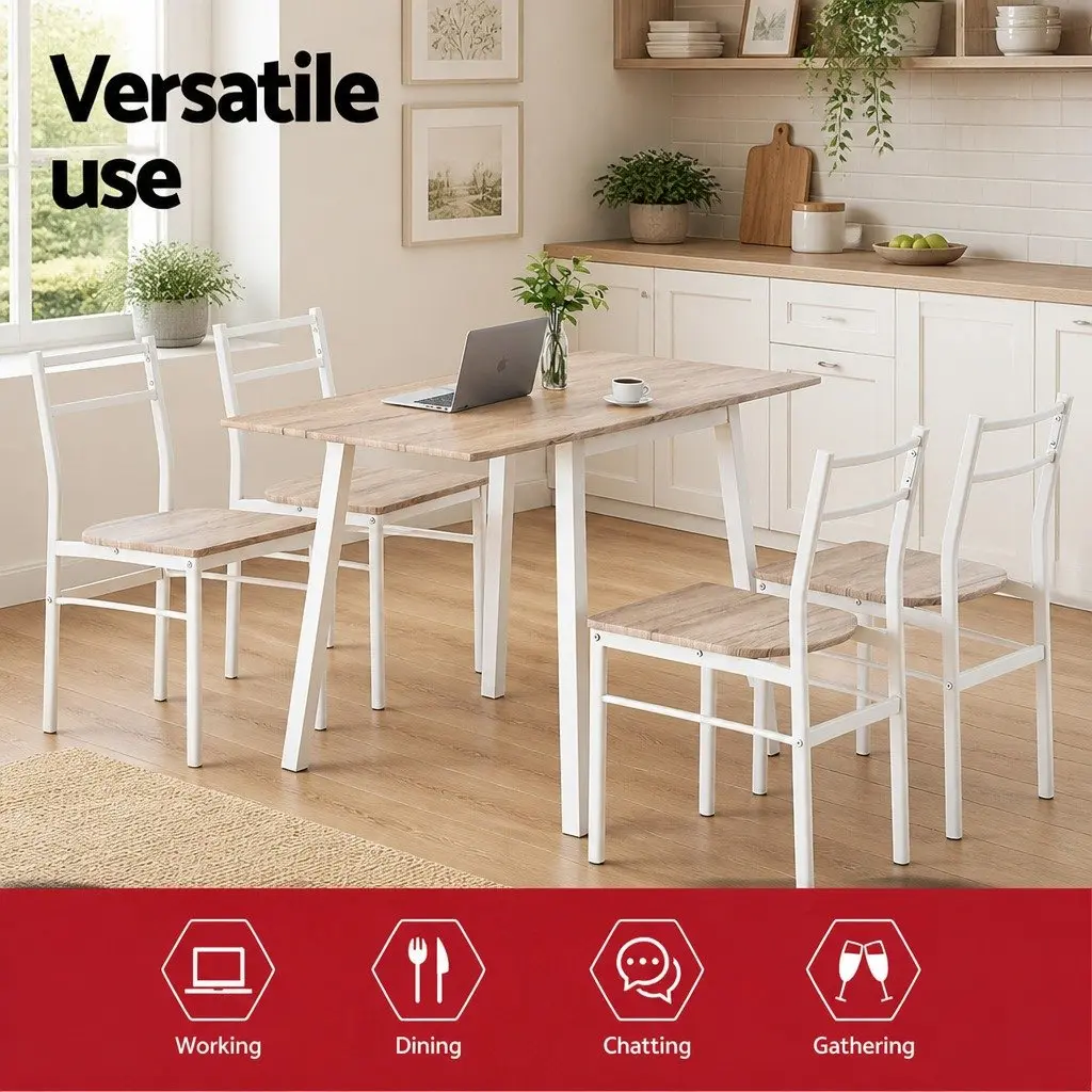 Dining Set Foldable Natural Wood-Look White Metal 5 Piece Compact Kitchen Furniture