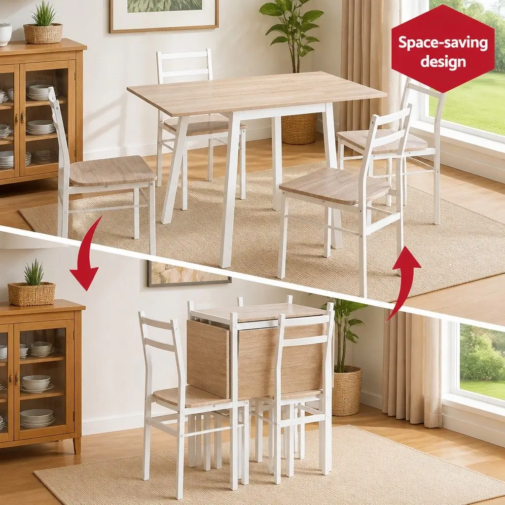 Dining Set Foldable Natural Wood-Look White Metal 5 Piece Compact Kitchen Furniture