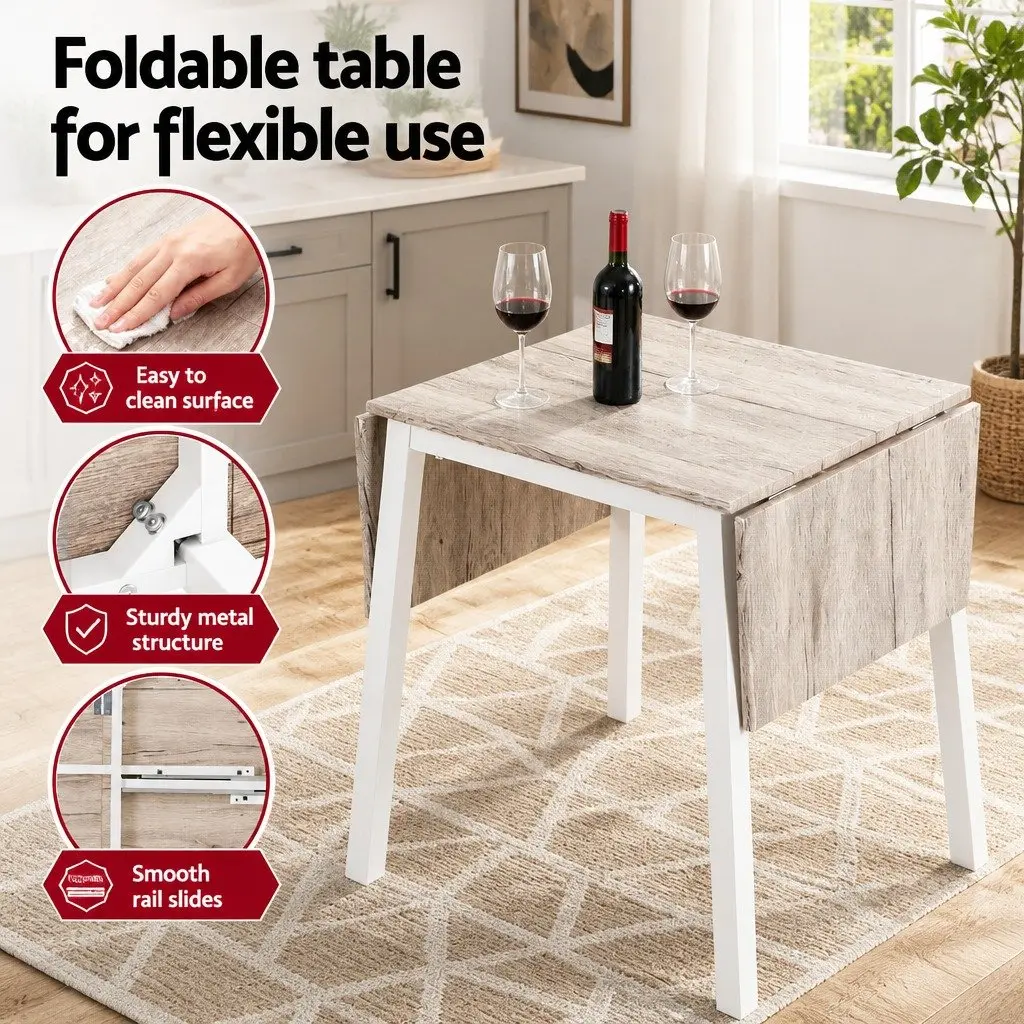 Dining Set Foldable Natural Wood-Look White Metal 5 Piece Compact Kitchen Furniture