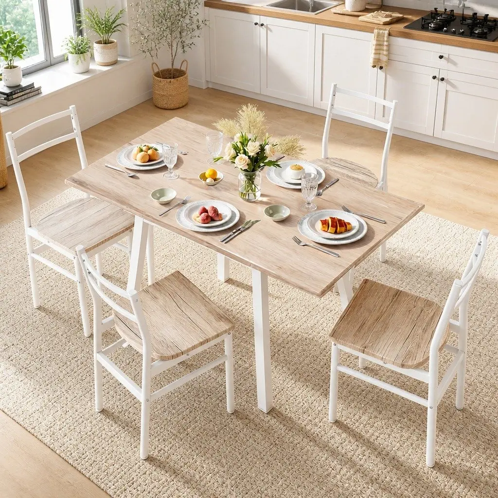 Dining Set Foldable Natural Wood-Look White Metal 5 Piece Compact Kitchen Furniture