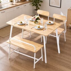 Natural Wood Dining Table and Chairs Set with Bench