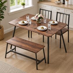 Rustic Brown and Black Dining Table Set with Bench