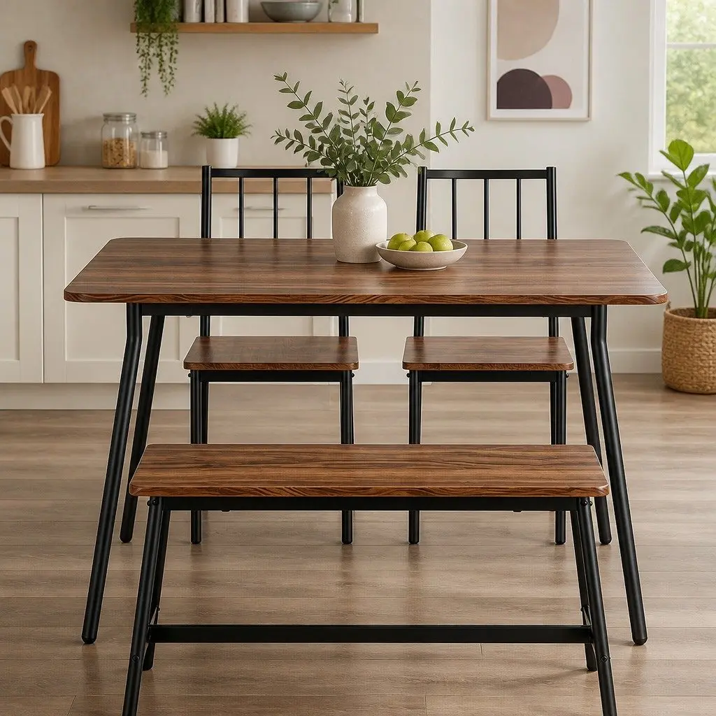 Dining Table and Chairs Set Rustic Brown Black 4 Piece MDF Powder-coated Metal