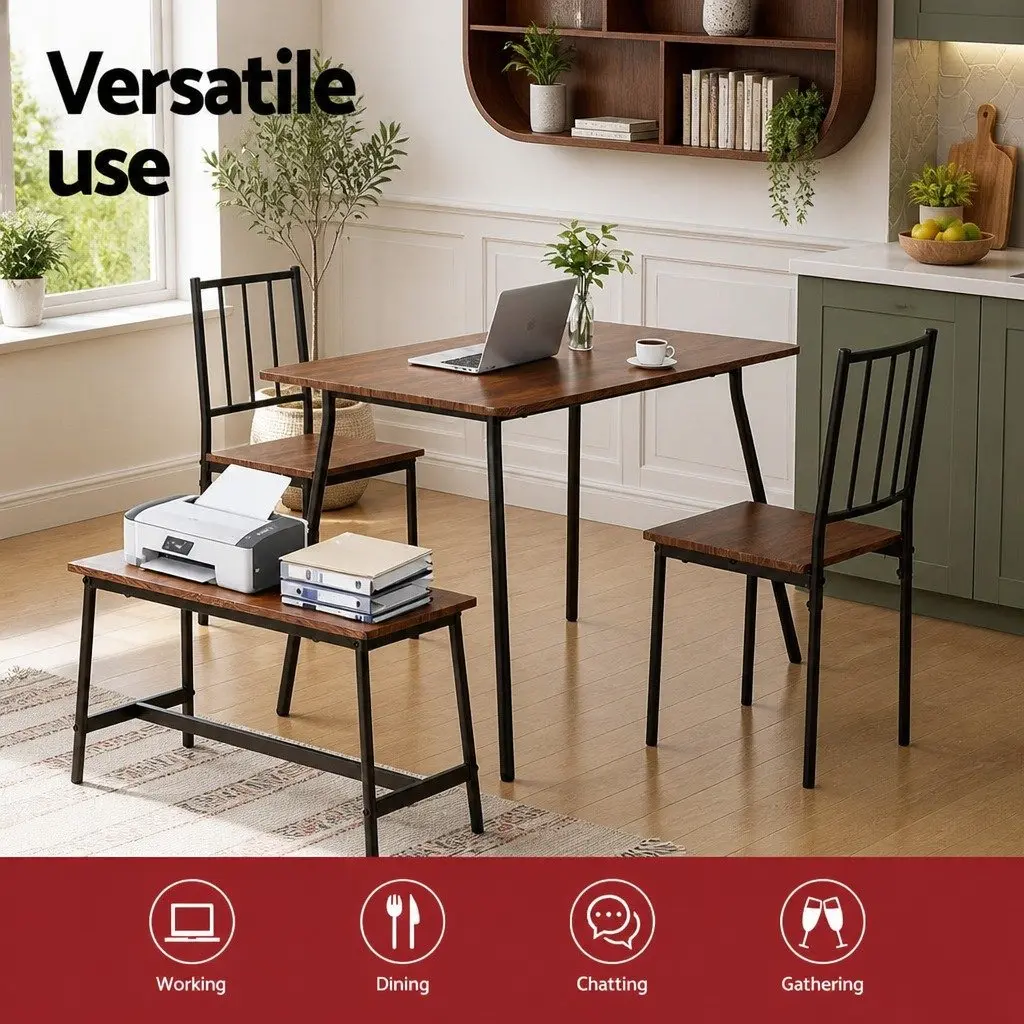 Dining Table and Chairs Set Rustic Brown Black 4 Piece MDF Powder-coated Metal
