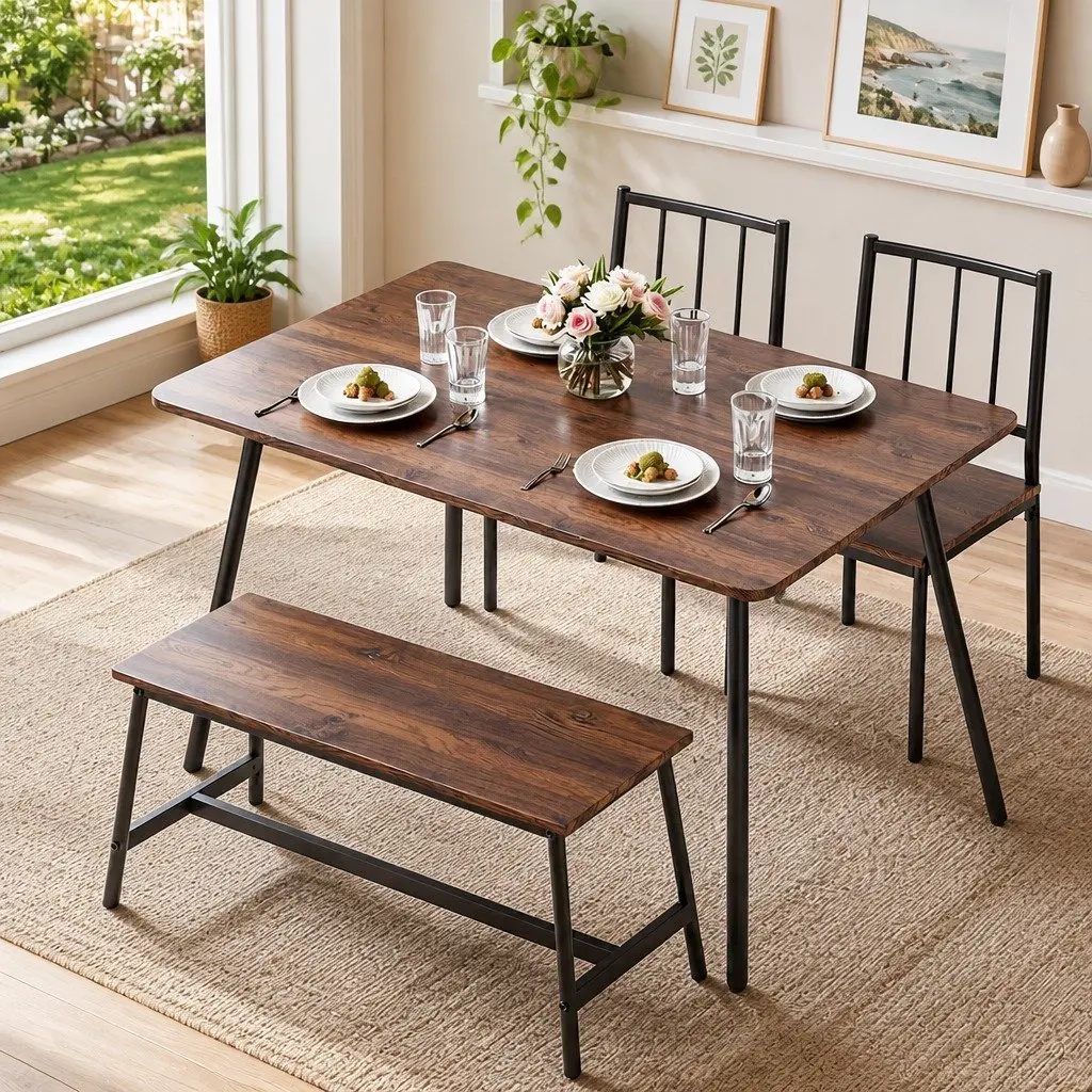 Dining Table and Chairs Set Rustic Brown Black 4 Piece MDF Powder-coated Metal