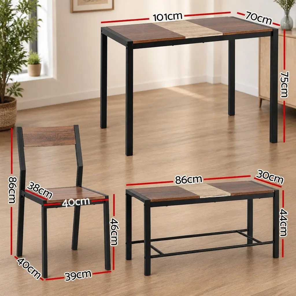 Dining Set Rustic Brown Beige Black 4 Piece MDF Powder-coated Metal