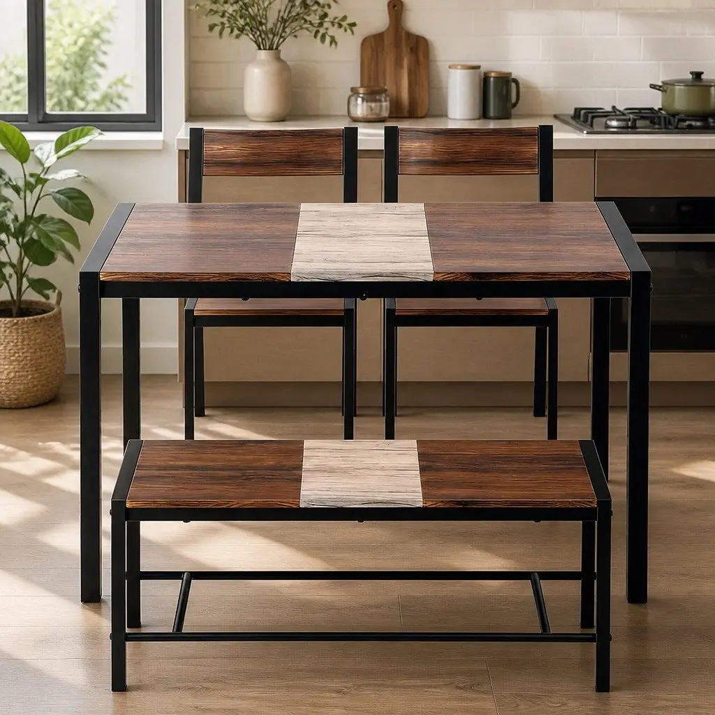 Dining Set Rustic Brown Beige Black 4 Piece MDF Powder-coated Metal