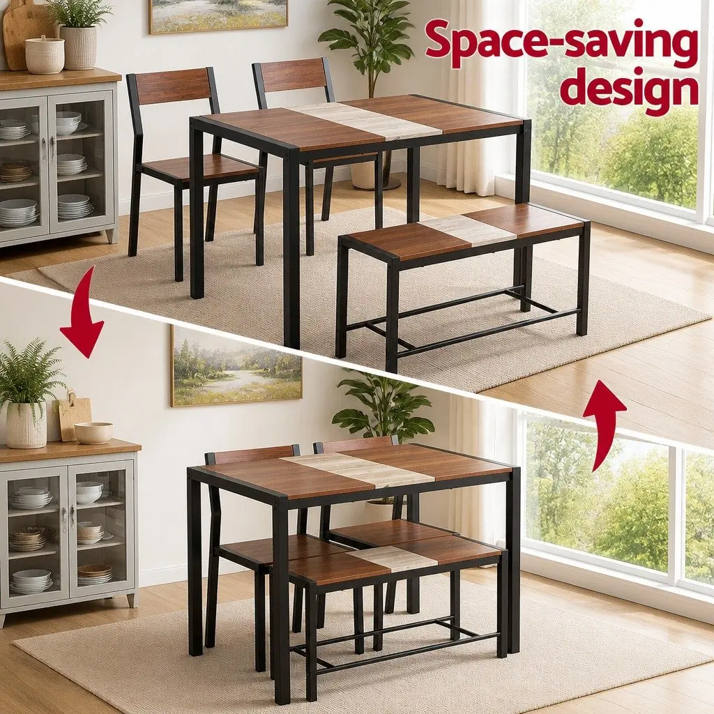 Dining Set Rustic Brown Beige Black 4 Piece MDF Powder-coated Metal