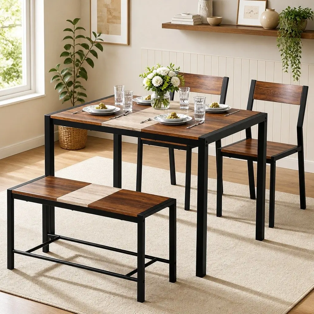 Dining Set Rustic Brown Beige Black 4 Piece MDF Powder-coated Metal