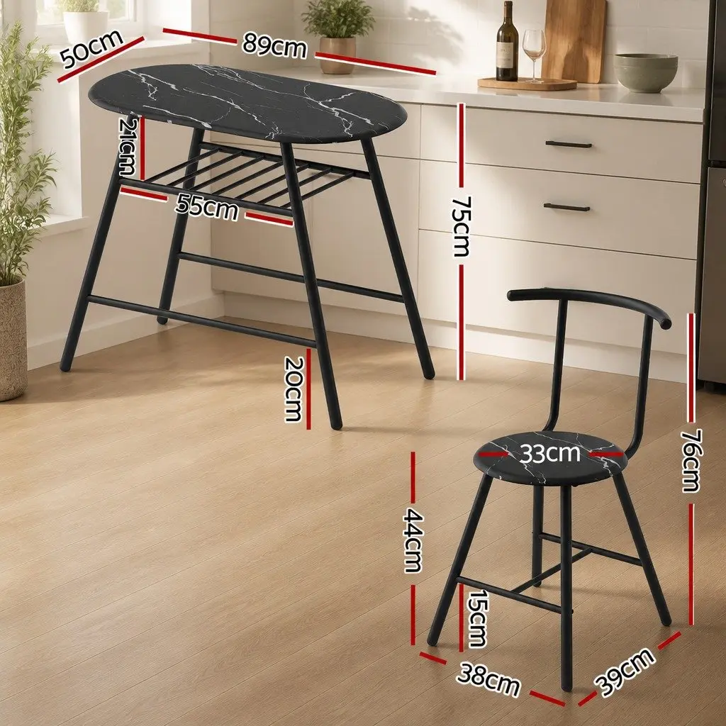 Dining Table Set Black Marble Oval Compact 3 Piece MDF Powder-coated Metal