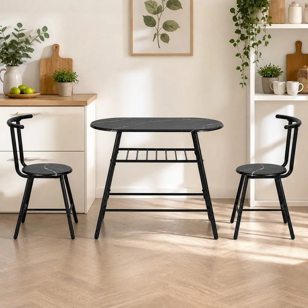 Dining Table Set Black Marble Oval Compact 3 Piece MDF Powder-coated Metal