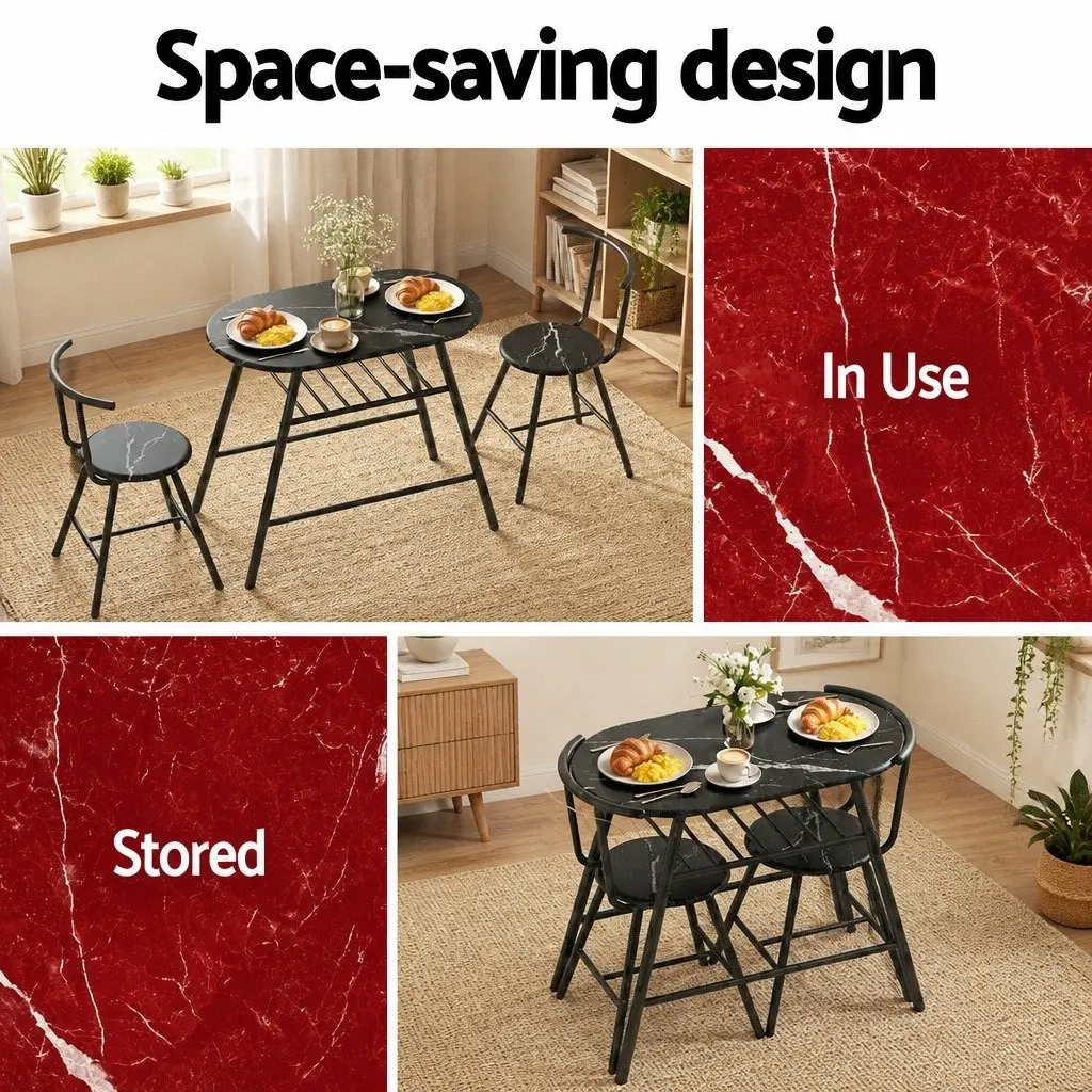 Dining Table Set Black Marble Oval Compact 3 Piece MDF Powder-coated Metal