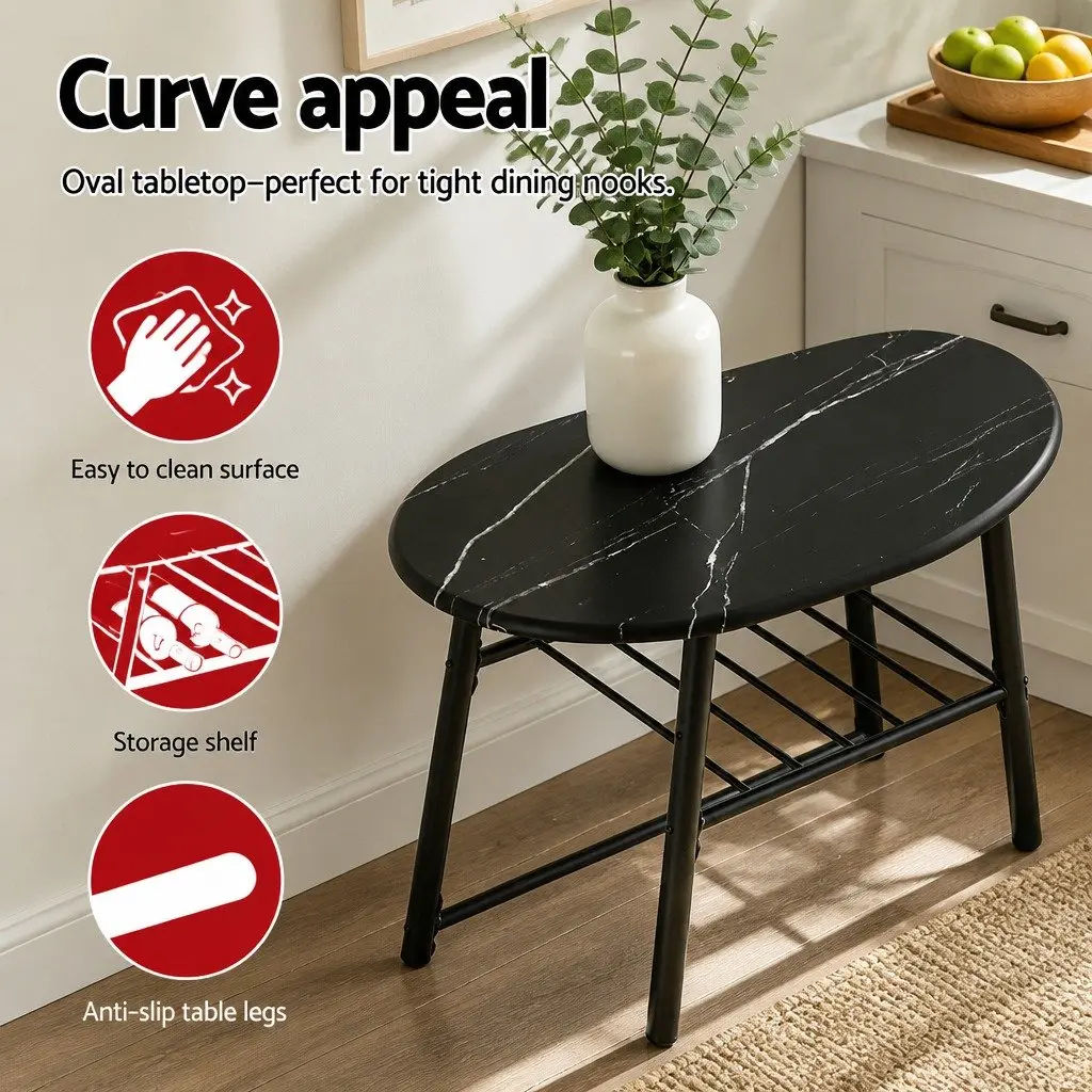 Dining Table Set Black Marble Oval Compact 3 Piece MDF Powder-coated Metal