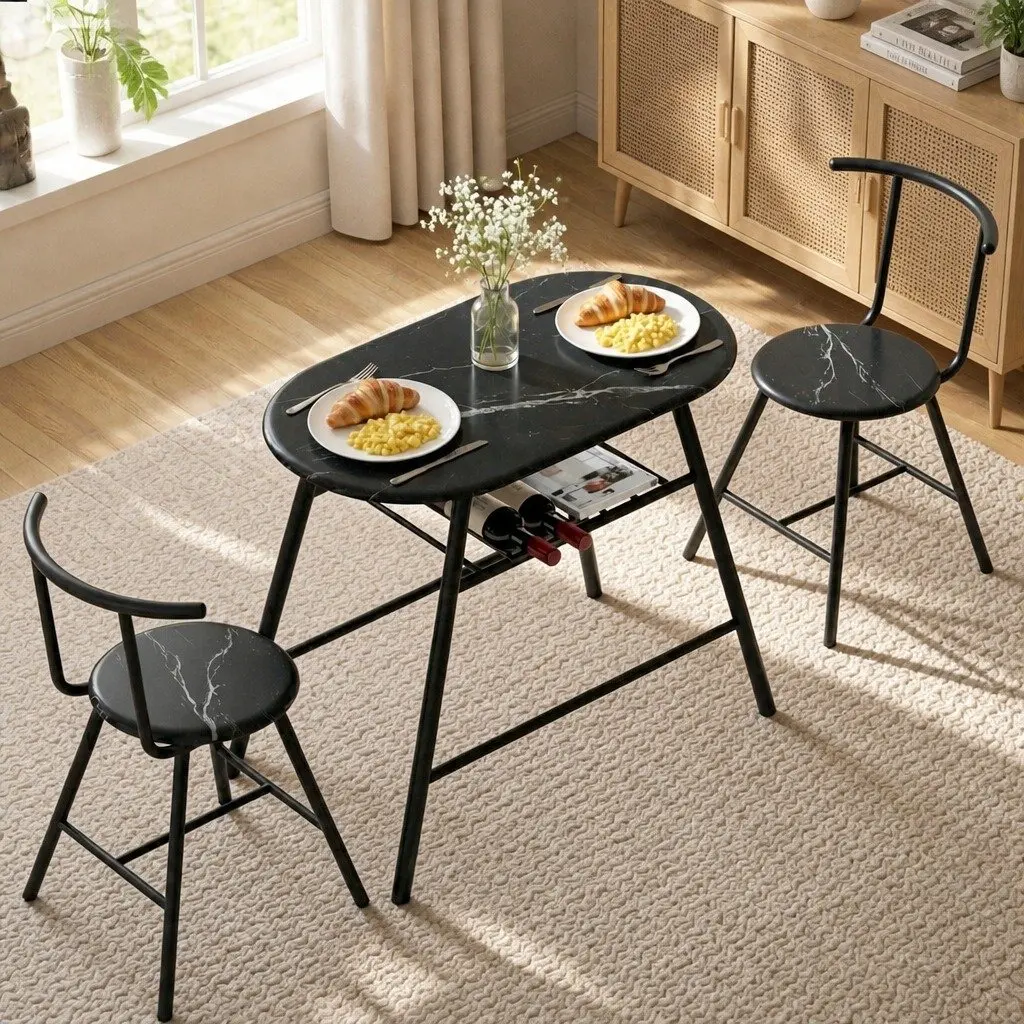 Dining Table Set Black Marble Oval Compact 3 Piece MDF Powder-coated Metal