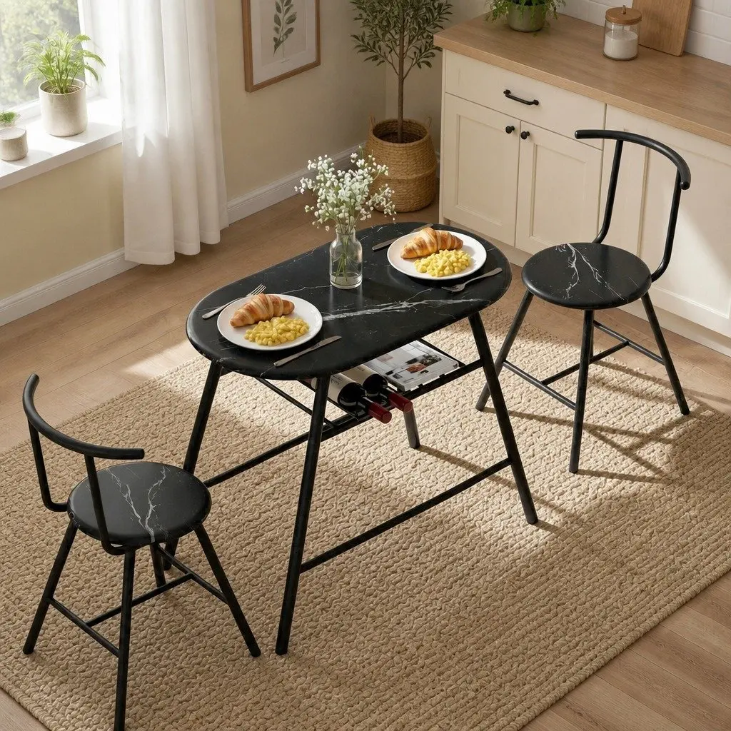 Dining Table Set Black Marble Oval Compact 3 Piece MDF Powder-coated Metal