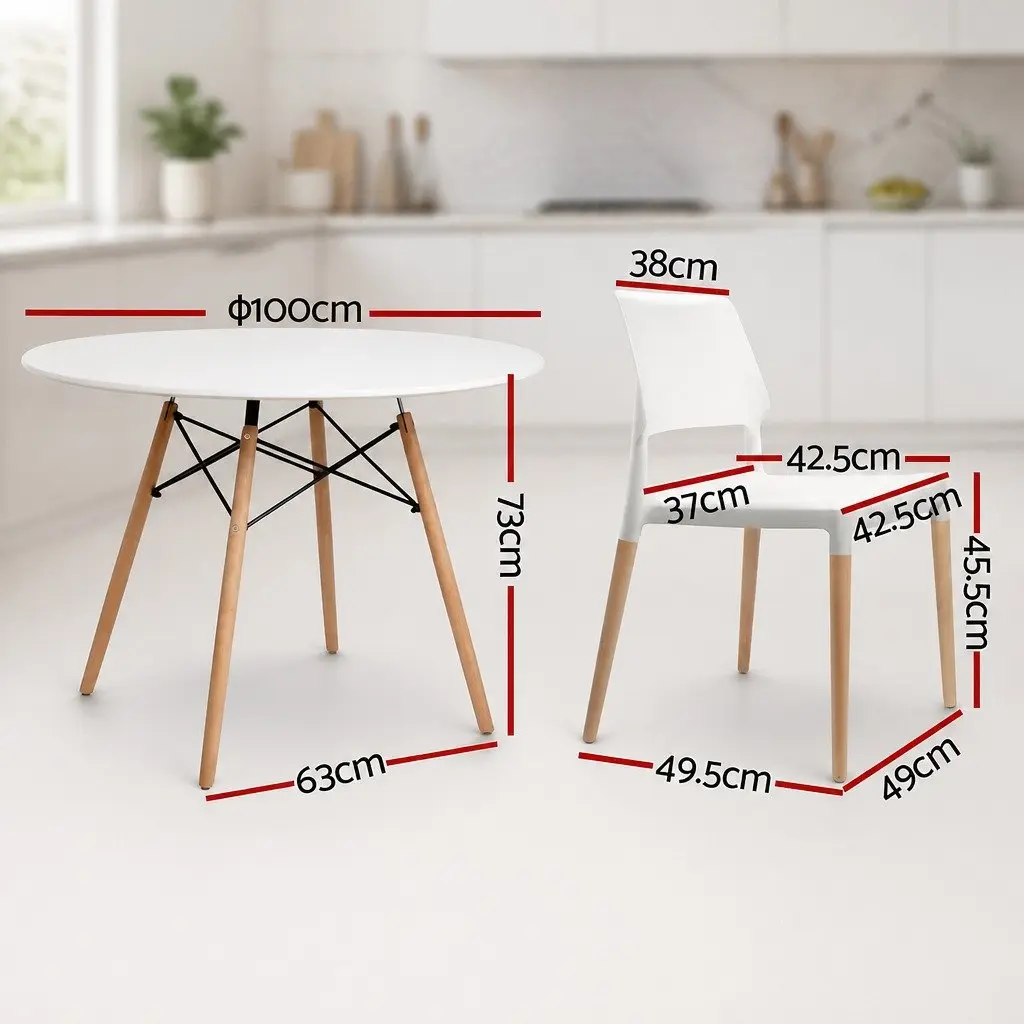 Dining Set Round White 100cm MDF Beech Wood