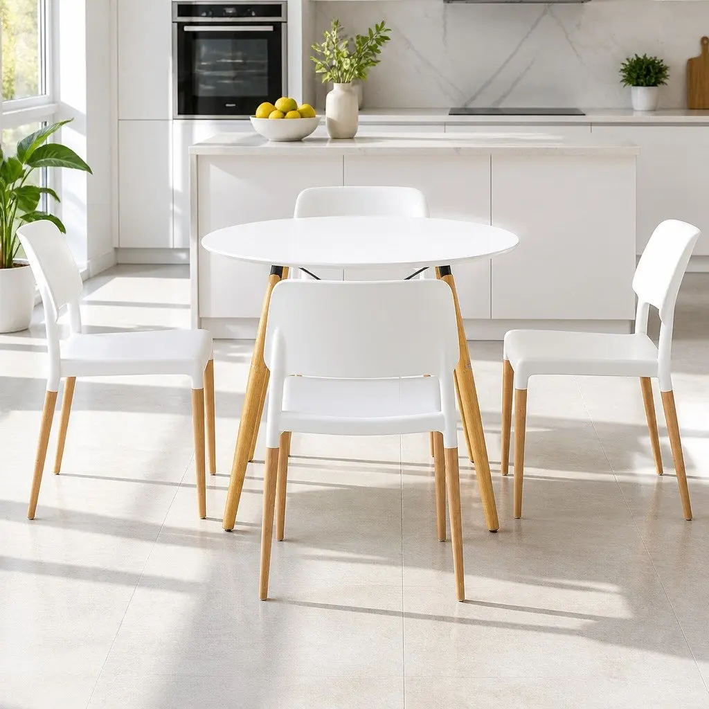 Dining Set Round White 100cm MDF Beech Wood