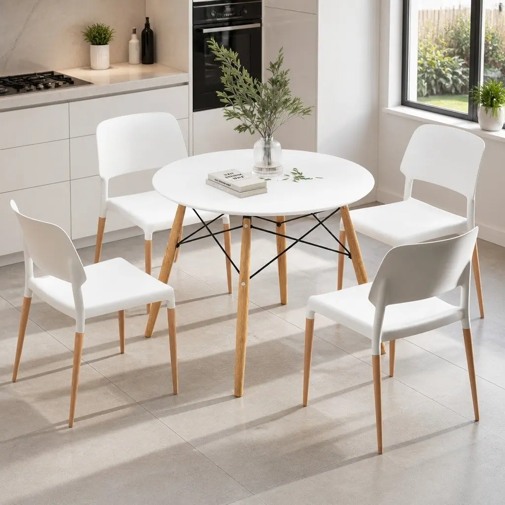 Dining Set Round White 100cm MDF Beech Wood