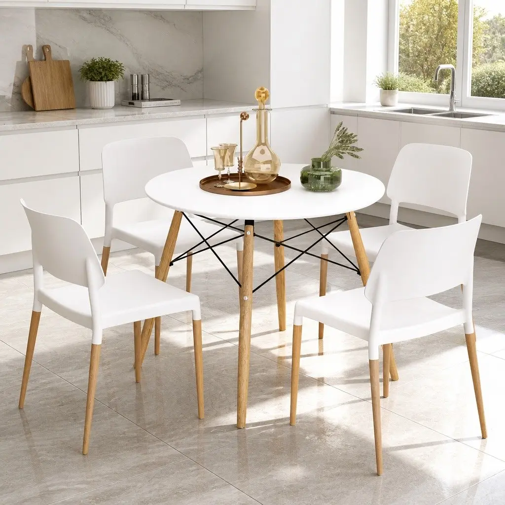 Dining Set Round White 100cm MDF Beech Wood