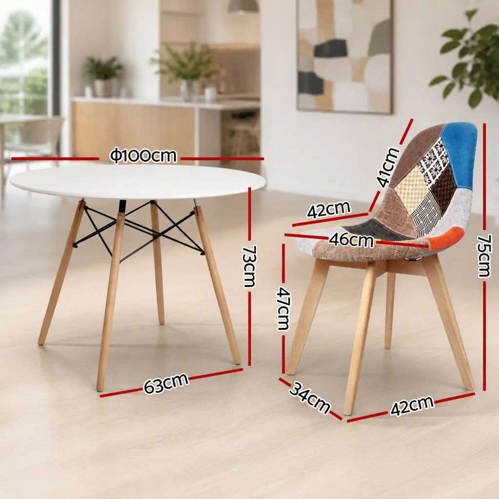 Dining Set Round Modern 100cm MDF Table Beech Wood Legs 4 Chairs