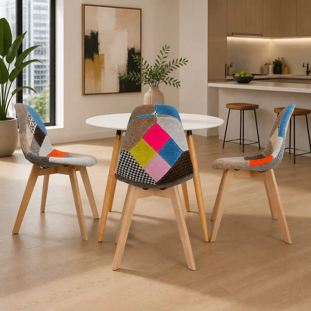 Dining Set Round Modern 100cm MDF Table Beech Wood Legs 4 Chairs