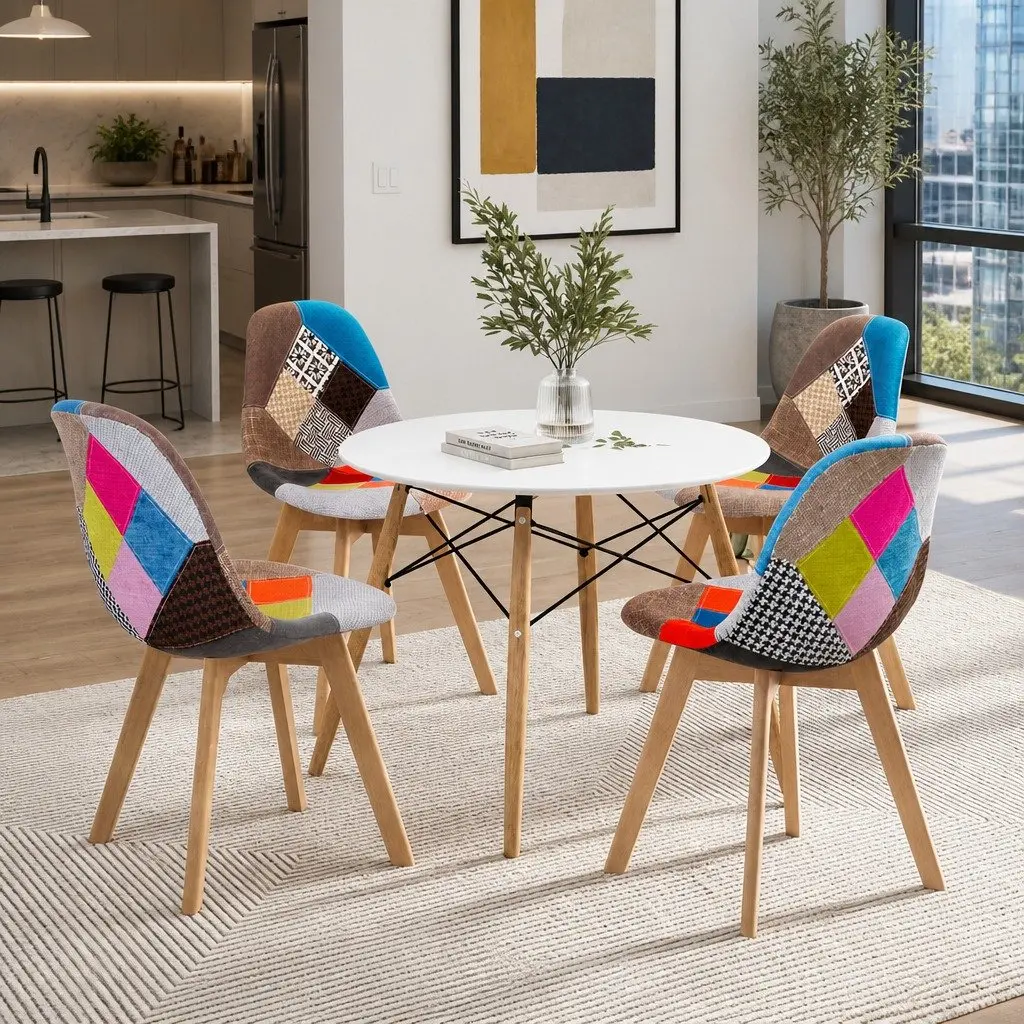 Dining Set Round Modern 100cm MDF Table Beech Wood Legs 4 Chairs