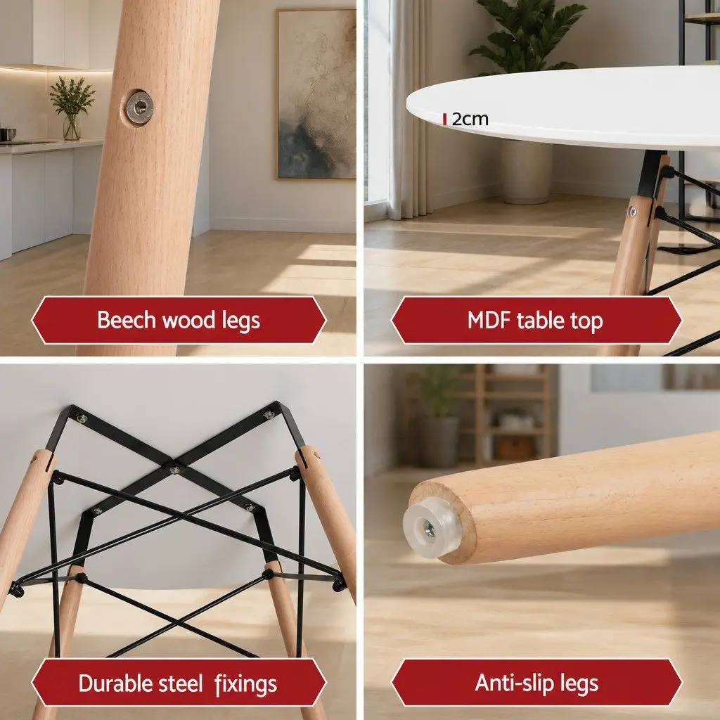 Dining Set Round Modern 100cm MDF Table Beech Wood Legs 4 Chairs