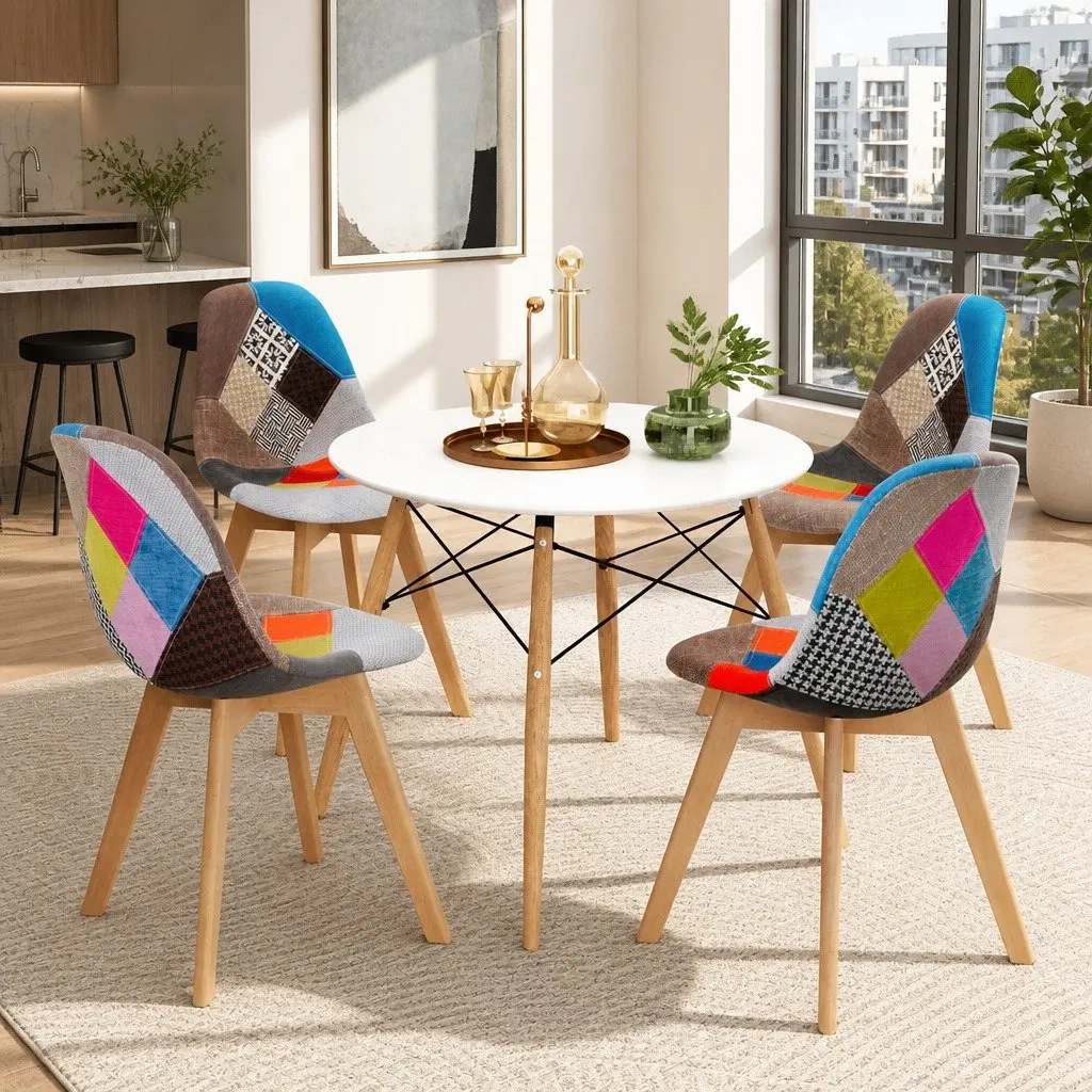 Dining Set Round Modern 100cm MDF Table Beech Wood Legs 4 Chairs