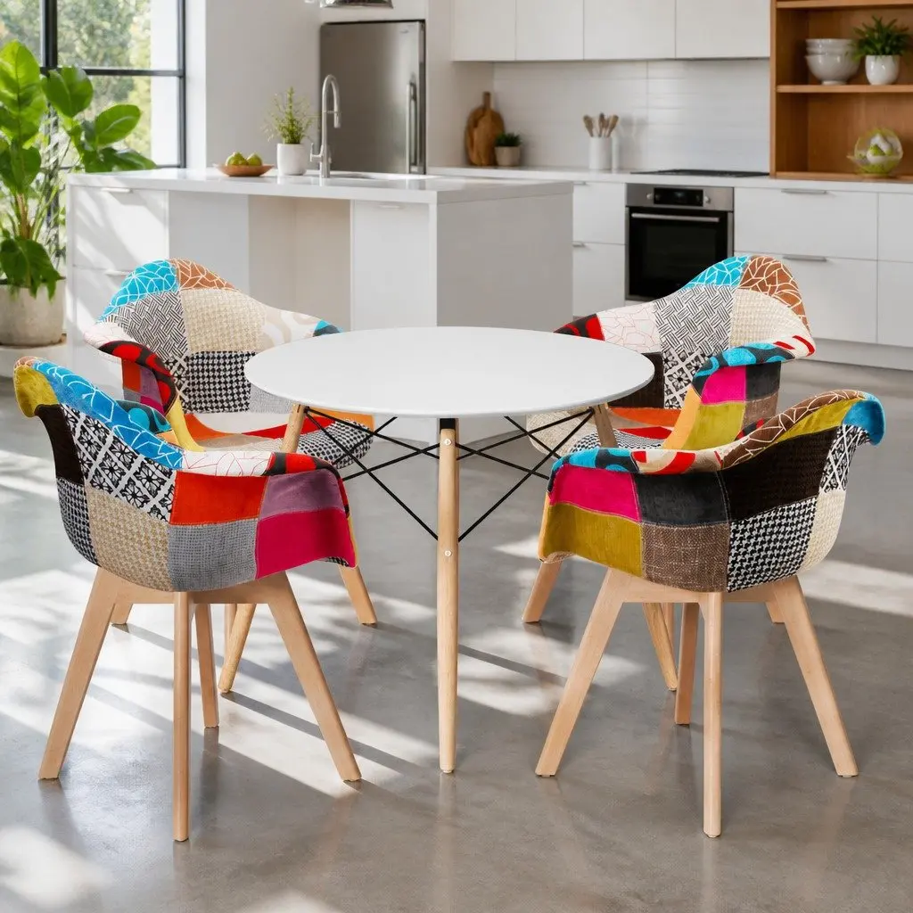 Round White Dining Table with Beech Wood Legs and 4 Chairs Set for Casual Dining Spaces