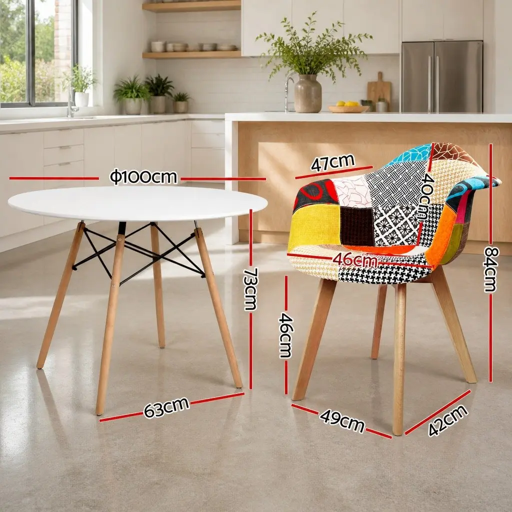 Round White Dining Table with Beech Wood Legs and 4 Chairs Set for Casual Dining Spaces