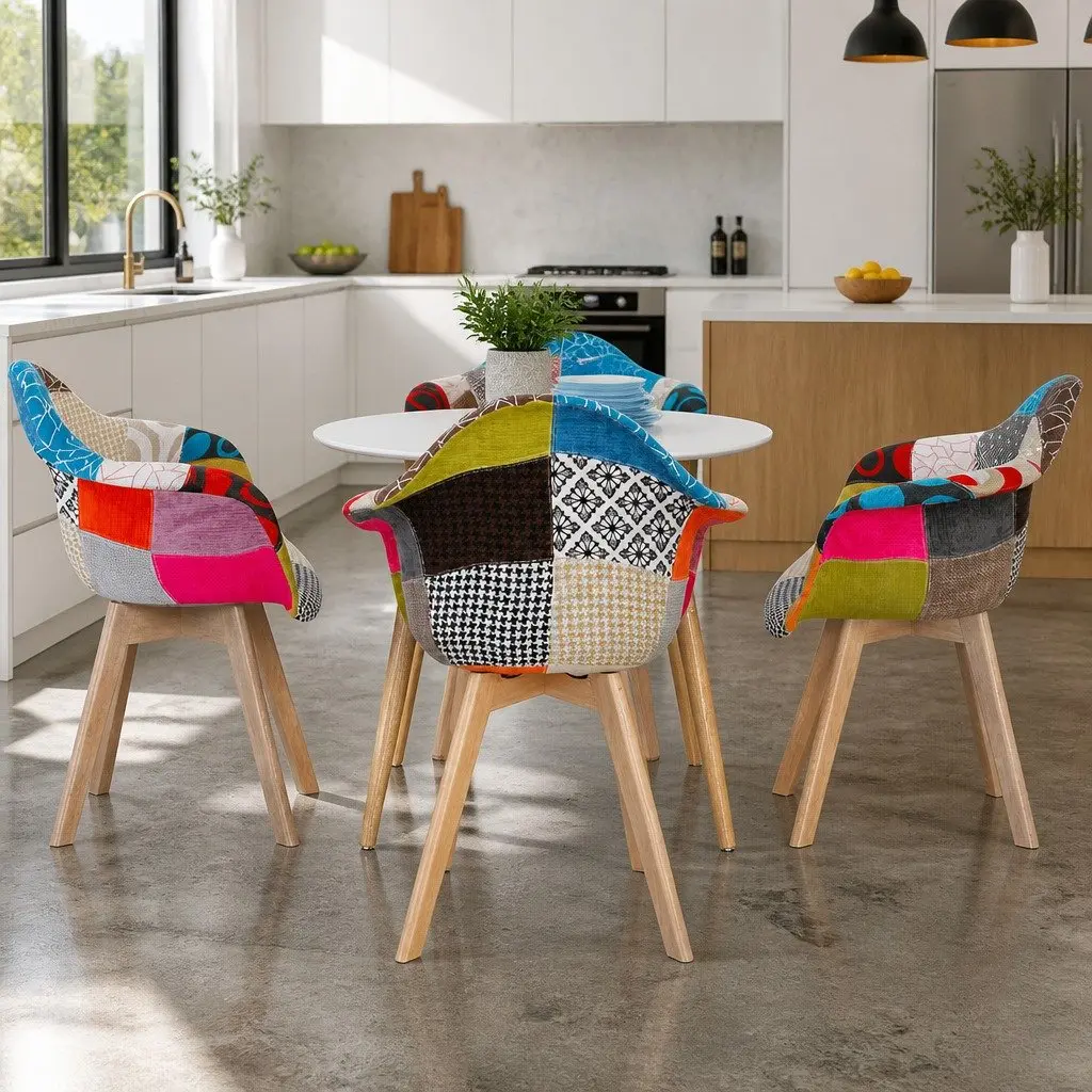 Round White Dining Table with Beech Wood Legs and 4 Chairs Set for Casual Dining Spaces