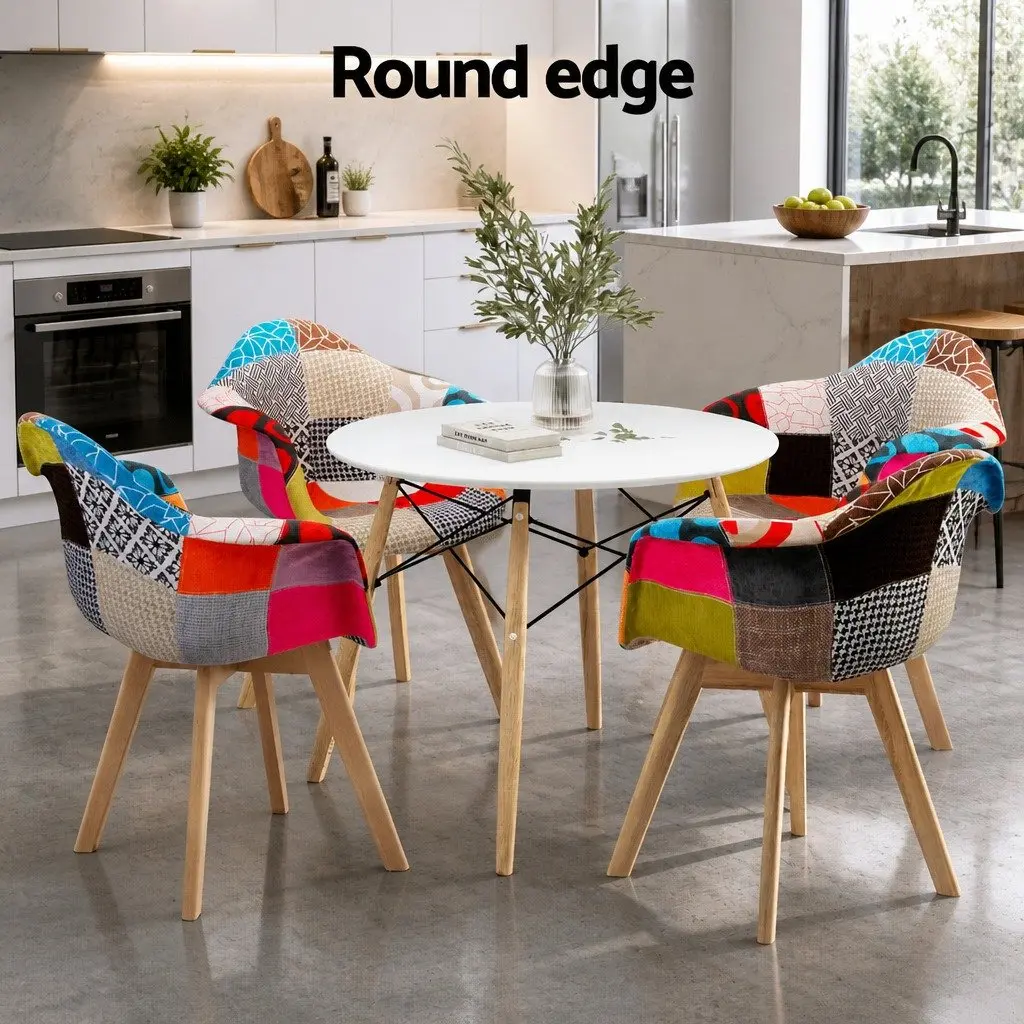 Round White Dining Table with Beech Wood Legs and 4 Chairs Set for Casual Dining Spaces