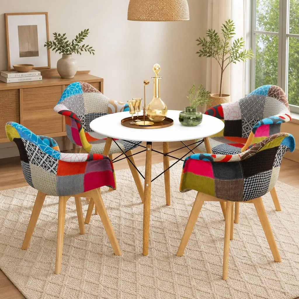 Round White Dining Table with Beech Wood Legs and 4 Chairs Set for Casual Dining Spaces