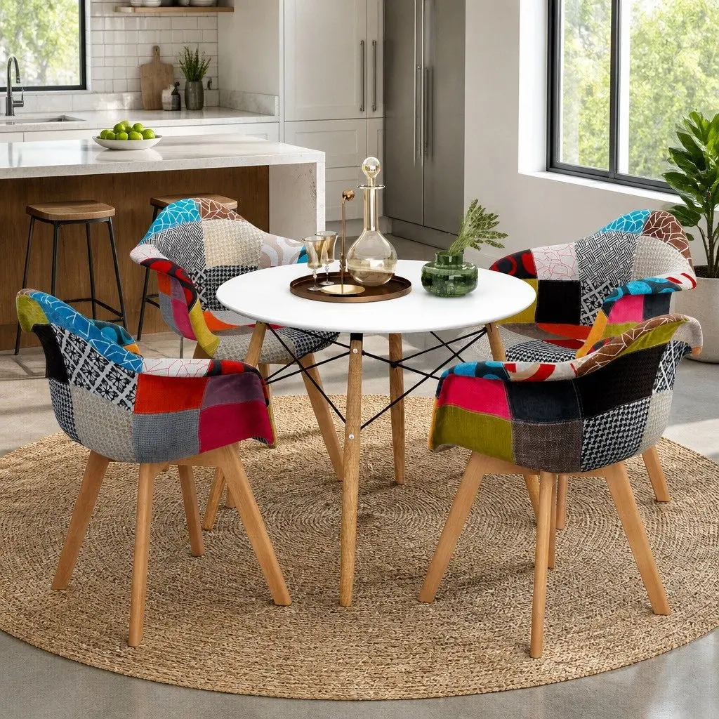 Round White Dining Table with Beech Wood Legs and 4 Chairs Set for Casual Dining Spaces