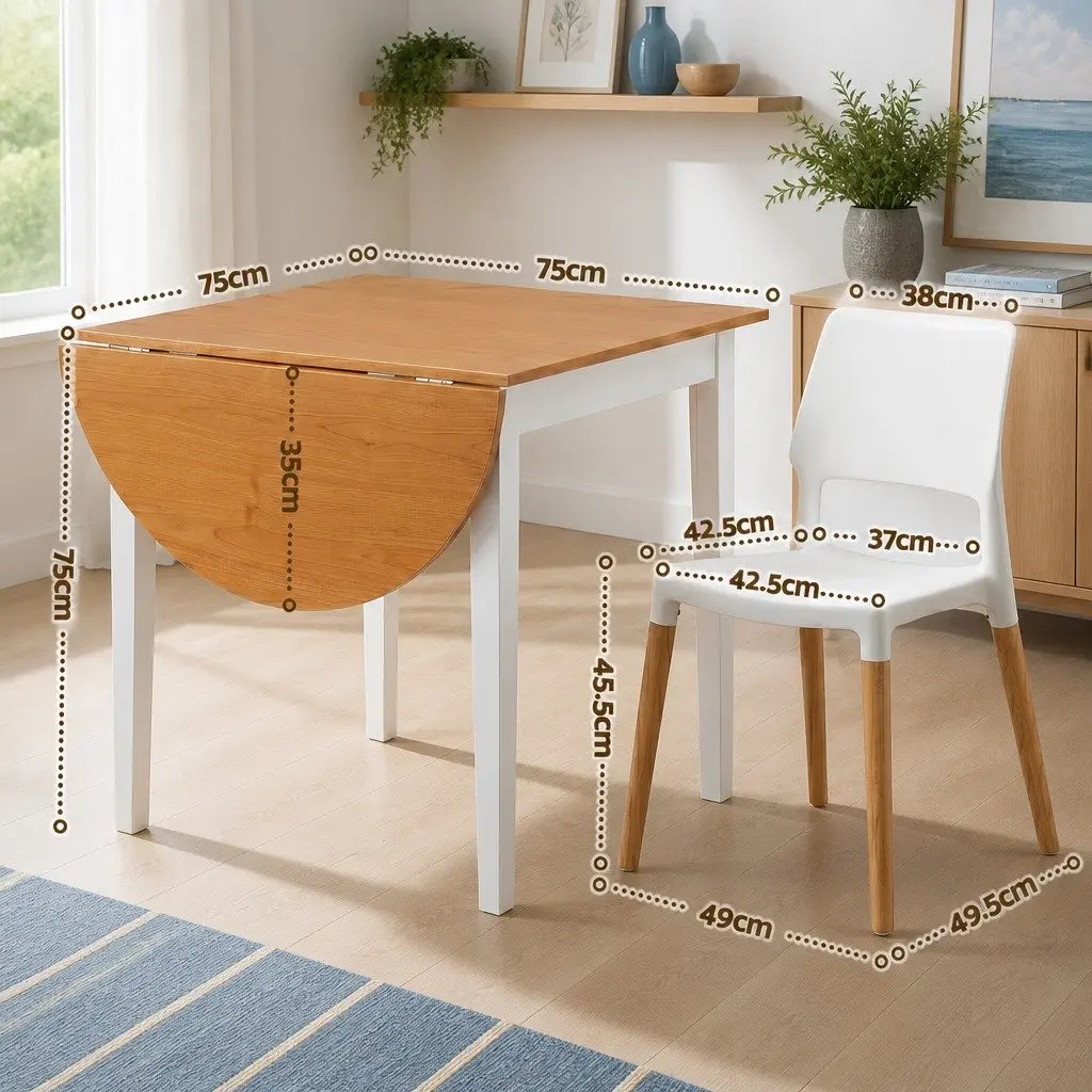 Drop-Leaf Dining Set 5 Pieces Pine and White 75-110cm Kitchen Space Saving with Stackable Chairs