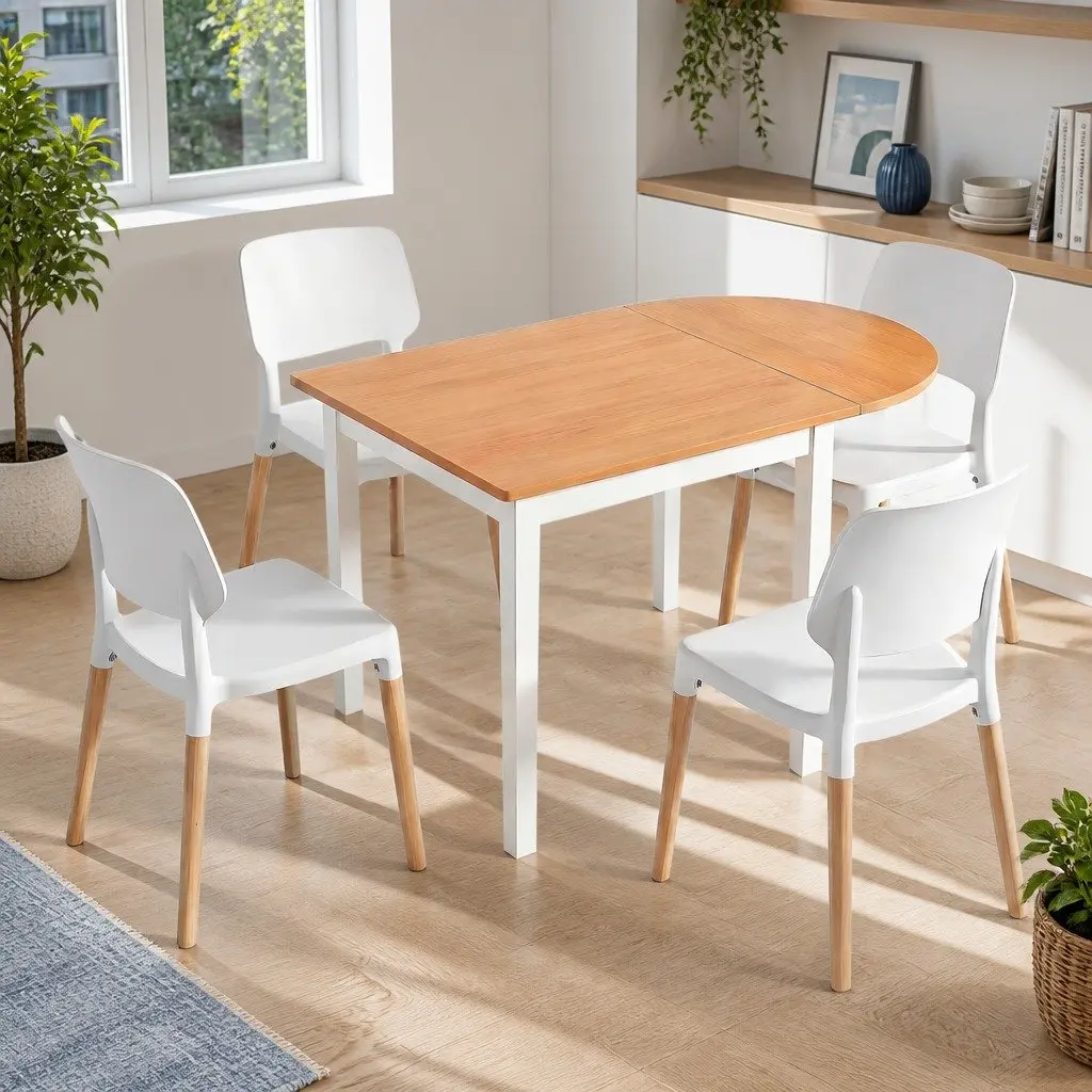 Drop-Leaf Dining Set 5 Pieces Pine and White 75-110cm Kitchen Space Saving with Stackable Chairs