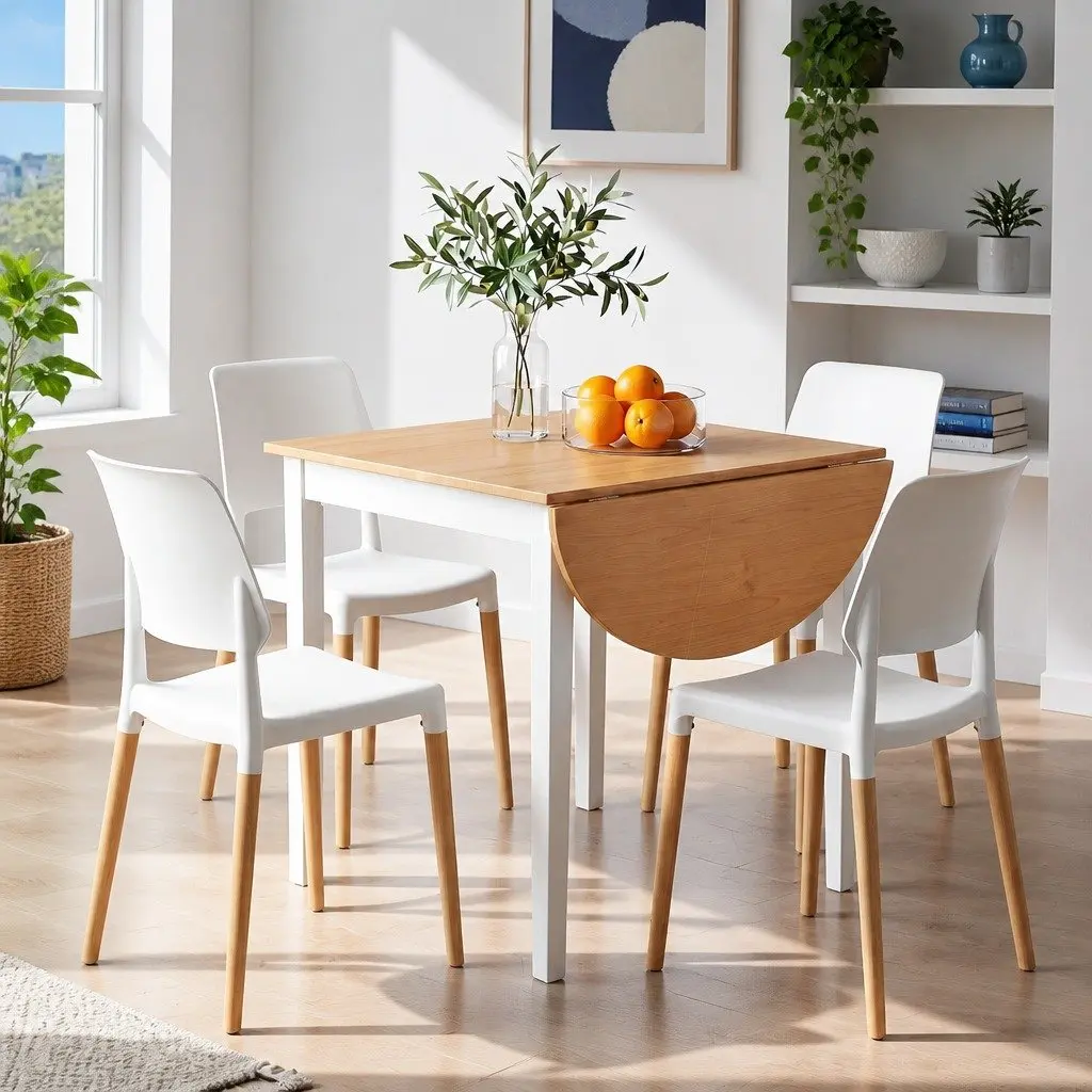 Drop-Leaf Dining Set 5 Pieces Pine and White 75-110cm Kitchen Space Saving with Stackable Chairs