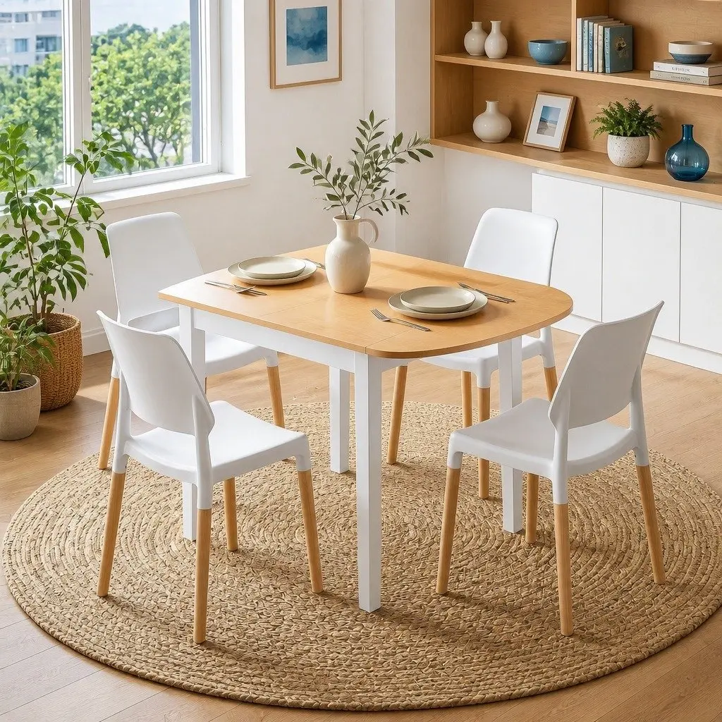 Drop-Leaf Dining Set 5 Pieces Pine and White 75-110cm Kitchen Space Saving with Stackable Chairs