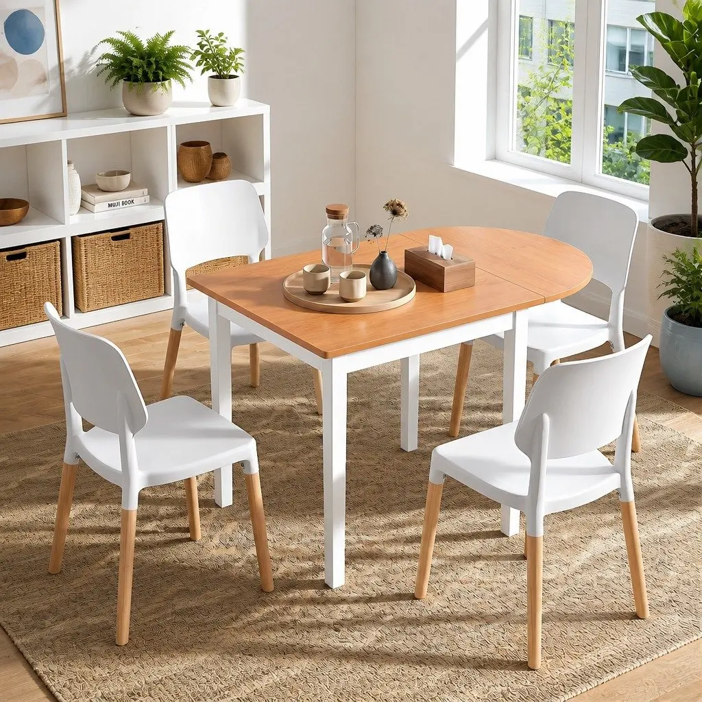 Drop-Leaf Dining Set 5 Pieces Pine and White 75-110cm Kitchen Space Saving with Stackable Chairs