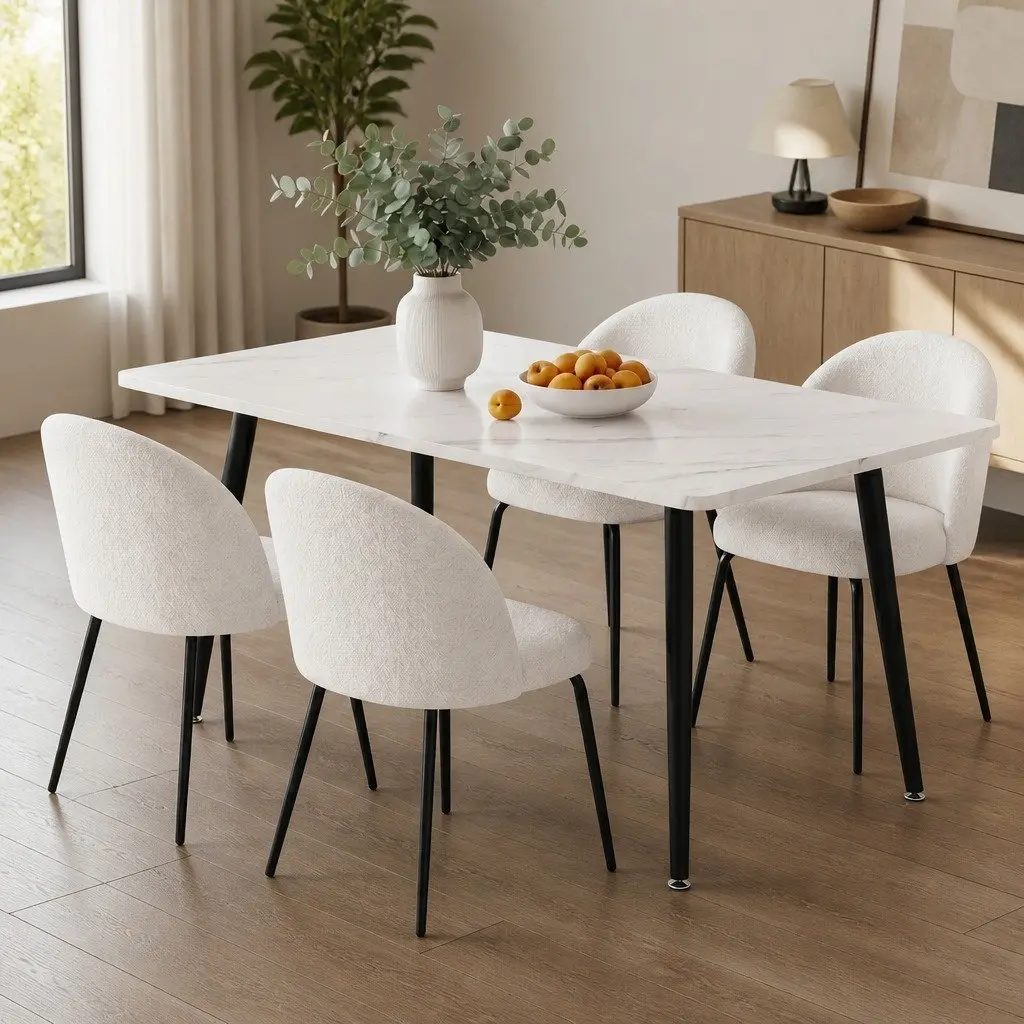 Dining Set White Marble Effect 5 Piece Kitchen Furniture MDF Table Sherpa Fabric Chairs Metal Legs